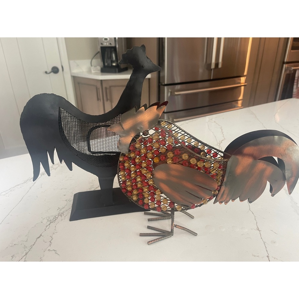 Pier 1 Metal Rooster Tea Light Holder and Beaded Wire Figurine Farmhouse Decor